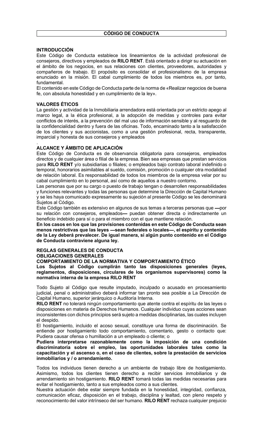 Página 1 del Código de Conducta de Rilo Rent